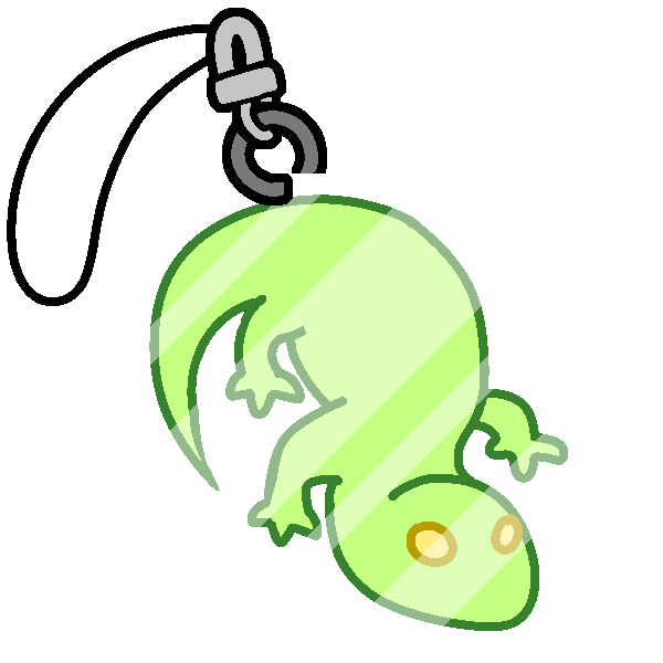 A green lizard charm with a thick white outline and gloss, and a fastener and string loop attached to its back.